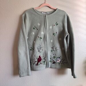 croft & barrow Sage Green Embroidered Cardinal and Chickadee Zip Sweater
